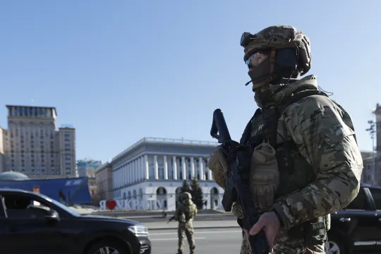 A Ukrainian soldier stands at Maidan Nezalezhnost (Independence Square) in Kiev (Kyiv), Ukraine, 28 February 2022. Russian troops entered Ukraine on 24 February prompting the country's president to declare martial law and triggering a series of severe economic sanctions imposed by Western countries on Russia.