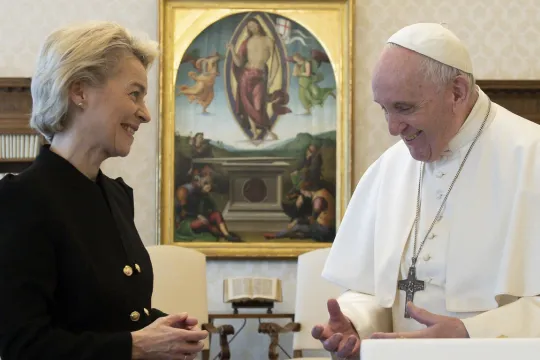 This photo taken and handout on May 22, 2021 by The Vatican Media shows Pope Francis holding a private audience with European Commission President, Ursula von der Leyen.  