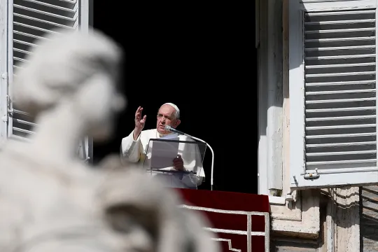 Pope Francis delivers the Sunday Angelus prayer from the window of his study overlooking St.Peter's Square at the Vatican on November 07, 2021. 
