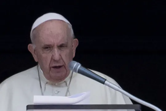 Pope Francis speaks to the faithfuls from the window during the Angelus prayer, on September 5, 2021 at St Peter's square in the Vatican.