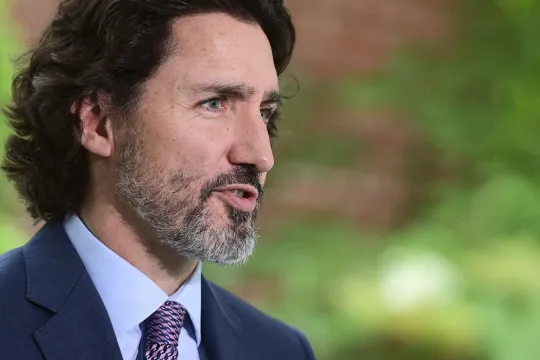 Canadian Prime Minister Justin Trudeau speaks during a news conference at Rideau Cottage June 25, 2021 in Ottawa, Canada. Prime Minister Justin Trudeau on Friday said this Canada Day should be a time of reflection a day after a preliminary report of 751 unmarked graves at the site of a former residential school in Saskatchewan. 