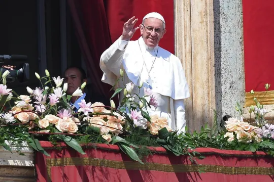 Pope Francis waves to the crowd during his Easter Urbi et Orbi blessing on the principal balcony of Saint Peter's Basilica at the Vatican, Vatican City, 16 April 2017. Easter is celebrated around the world by Christians to mark the resurrection of Jesus from the dead and the foundation of the Christian faith.