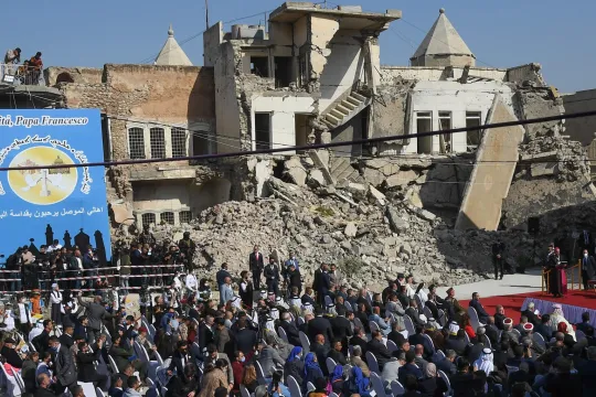 Pope Francis attends a prayer for the victims of the war at Church Square, Mosul, Iraq, 07 March 2021. Pope Francis began on 05 March a three-day official visit in Iraq, the first papal visit to this country affected throughout the years by war, insecurity and lately COVID-19 Coronavirus pandemic. The Pope is holding inter religious prayers at the Ur of the Chaldees ancient site, mass at important churches that were affected by conflict in Baghdad, Erbil and Qaraqosh near Mosul 