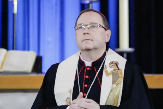 Georg Bätzing, Chairman of the German Bishops' Conference (DBK), addresses guests during an ecumenical service for Germany's victims of the coronavirus (Covid-19) pandemic at Berlin's Kaiser Wilhelm Memorial Church on April 18, 2021. Germany holds a national memorial service on April 18 for its 80,000 victims of the coronavirus pandemic, sharing the pain of grieving families and those who died alone because of Covid curbs.