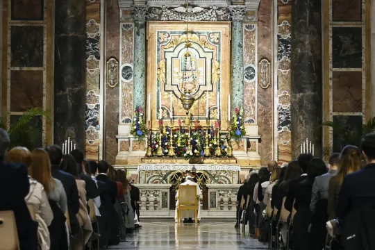Pope Francis leads a rosary prayer for the beginning of the month of May, a month of daily rosaries prayed at Catholic shrines around the world for the end of coronavirus pandemic, in the Gregorian Chapel inside Saint Peter's Basilica, Vatican City, 01 May 2021. EPA/Riccardo Antimiani 