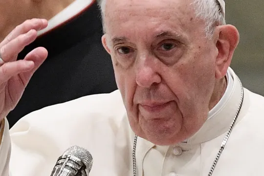 Pope Francis, flanked by Italian priest, Monsignor Leonardo Sapienza (L) and Argentinian priest, Monsignor Luis Maria Rodrigo Ewart, blesses attendees during the weekly general audience on October 6, 2021 at Paul-VI hall