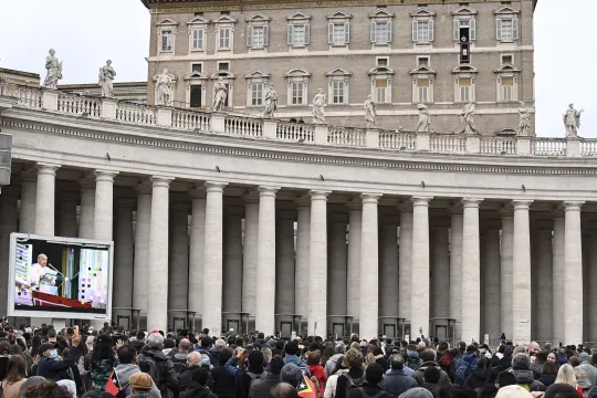 Pope Francis leads his Sunday Angelus prayer from the window of his office overlooking Saint Peter's Square, Vatican City, 28 November 2021. 
