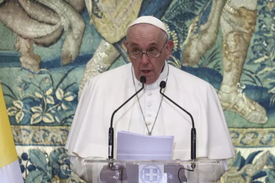  Pope Francis delivers his speech during a meeting with authorities, at the Presidential Palace, in Athens, Greece, 04 December 2021. Pope Francis arrived to Greece 04 December for the second leg of his trip to the region with meetings in Athens aimed at bolstering recently-mended ties between the Vatican and Orthodox churches. 