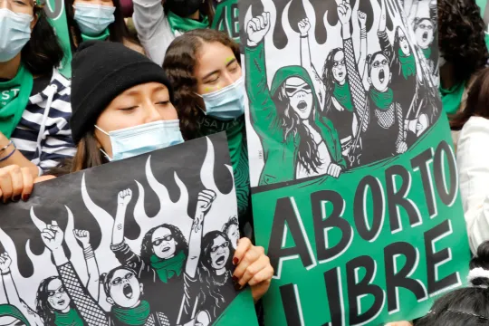 Feminist groups gather in front of the headquarters of the Constitutional Court to await the decision on the decriminalization of abortion, in Bogota, Colombia, 21 February 2022. Colombia is still waiting for the final decision of the Constitutional Court on the decriminalization of abortion. 