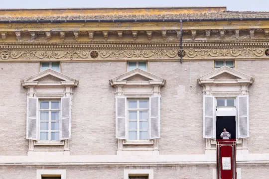 Pope Francis leads the Regina Coeli prayer from a window overlooking Saint Peter's Square in Vatican City, 05 June 2022. 
