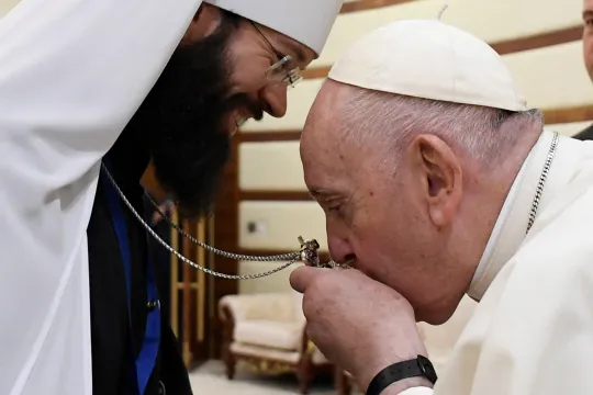 Pope Francis meets with Chairman of the Department of External Church Relations of the Moscow Patriarchate, Metropolitan Anthony of Volokolamsk on the sidelines of the VII Congress of Leaders of World and Traditional Religions at the Palace of Peace and Reconciliation in Nur-Sultan on September 14, 2022. Filippo MONTEFORTE / AFP
