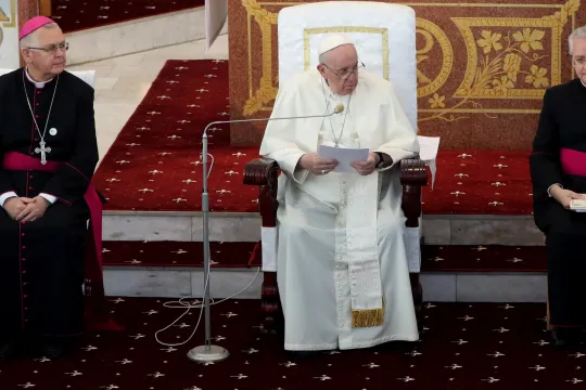Pope Francis (C) is attends a meeting with representatives of the clergy and parishioners in the Our Lady of Perpetual Help Cathedral in Nur-Sultan, Kazakhstan, 15 September 2022. Pope Francis during his visit to Kazakhstan met with Kazakh President Jomart Tokaev, attended the VII Congress of Leaders of World and Traditional Religions, held an outdoor mass at the Expo Grounds and came together with bishops, priests, deacons, consecrated persons, seminarians and pastoral workersbefore he concludes his aposto