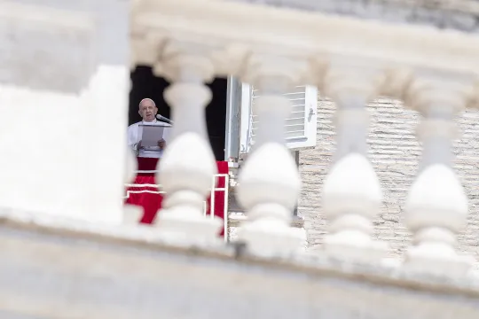 Pope Francis delivers his speech during the Angelus prayer, at St. Peter's square in the Vatican, on June 27, 2021