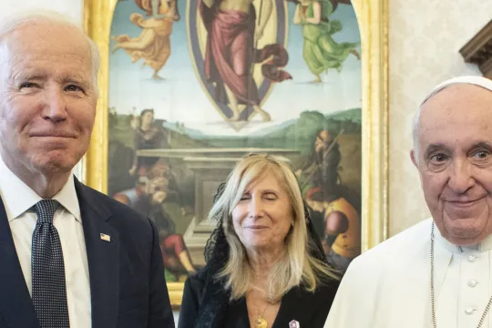 This photo taken and handout by the Vatican Media on October 29, 2021 shows Pope Francis meeting with US President Joe Biden and US First Lady Jill Biden (L) during a private audience at The Vatican, ahead of an upcoming G20 summit of world leaders to discuss climate change, covid-19 and the post-pandemic global recovery.