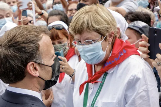 French President Emmanuel Macron arrives for a visit at the Catholic sanctuary of Notre Dame de Lourdes, southwestern France, on July 16, 2021. Macron is on a two-day visit in southwestern France, notably to attend 