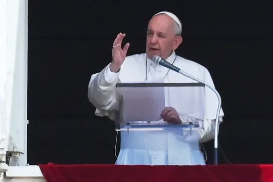 Pope Francis delivers the Sunday Angelus prayer from the window of his study overlooking St.Peter's Square at the Vatican on July 4, 2021. 