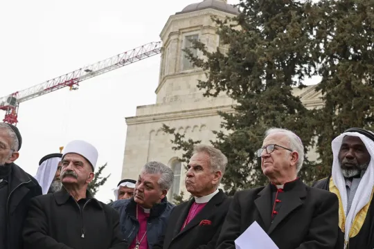Christian, Jewish and Muslim religious leaders gather in Jerusalem’s Moscow Square to call for peace in Ukraine, on March 21, 2022. 