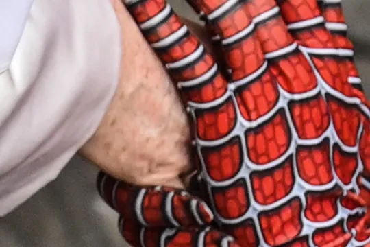 A man wearing a costume of the Spider-Man fantasy character, who performs in hospitals for sick children, shakes hand with Pope Francis at the end of the weekly general audience on June 23, 2021 at San Damaso courtyard in the Vatican. 