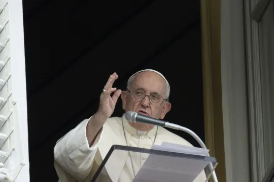 A handout photo made available by the Vatican Media shows Pope Francis leading the Angelus prayer from the window of his office overlooking St. Peter's Square in Vatican City, 02 July 2023. EPA/VATICAN MEDIA 