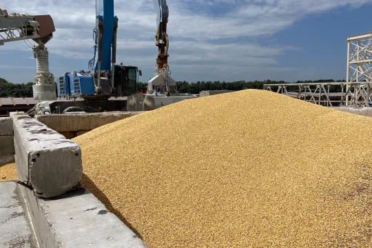 A pile of maize grains is seen on the pier at the Izmail Sea Port, Odesa region, on July 22, 2023. Russia said on July 21, 2023 that it understood the concerns African nations may have after Moscow left the Ukrainian grain deal, promising to ensure deliveries to countries in need. STRINGER / AFP