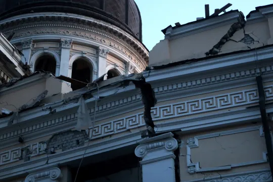 This photograph taken early on July 23, 2023, shows the destruction of the Transfiguration Cathedral building damaged as a result of a missile strike in Odesa. At least one person was killed and more than 15 wounded in a Russian attack on the southern Ukrainian port city of Odesa, the governor of the region said. Oleksandr GIMANOV / AFP