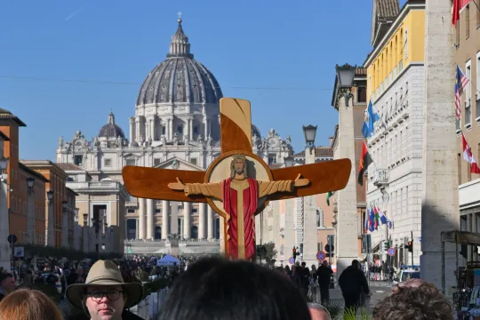 Pilgrims wait to walk along the Via della Conciliazione in Rome to reach the Holy Door of St. Peter's basilica in the Vatican, as part of the Catholic Jubilee Year, on February 22, 2025.
