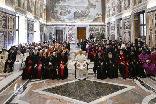 This photo taken and handout on May 19, 2025 by The Vatican Media shows Pope Leo XIV during an meeting with a ecumenical and inter-religious delegation in The Vatican. Handout / VATICAN MEDIA / AFP