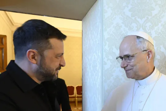 A handout photo made available by the Vatican Media shows Pope Leo XIV meeting Ukraine's President Volodymyr Zelensky (L) at the papal residence of Castel Gandolfo, Italy, 09 July 2025. EPA/VATICAN MEDIA 