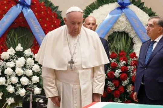 A handout picture provided by the Vatican Media shows Pope Francis paying respect at the coffin of late President Emeritus of the Republic Giorgio Napolitano as it lays in state, in the Senate in Rome, Italy, 24 September 2023.