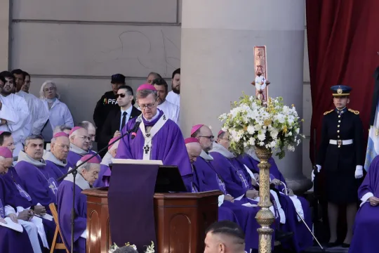Archbishop of Buenos Aires, Jorge Garcia Cuerva (C), leads a mass to honor late Pope Francis, in front of the Metropolitan Cathedral in Buenos Aires, Argentina, 26 April 2025. Pope Francis passed away on Easter Monday, 21 April 2025, at the age of 88, and was buried in the Papal Basilica of St. Mary Major in Rome on 26 April. EPA/STRINGER
