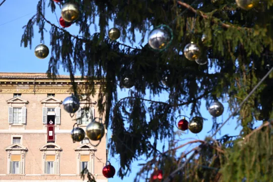 Pope Leo XIV is seen through the Christmas tree as he addresses the crowd from a window of the apostolic palace overlooking St. Peter's Square during the Angelus prayer in The Vatican on December 21, 2025.  Andreas SOLARO / AFP