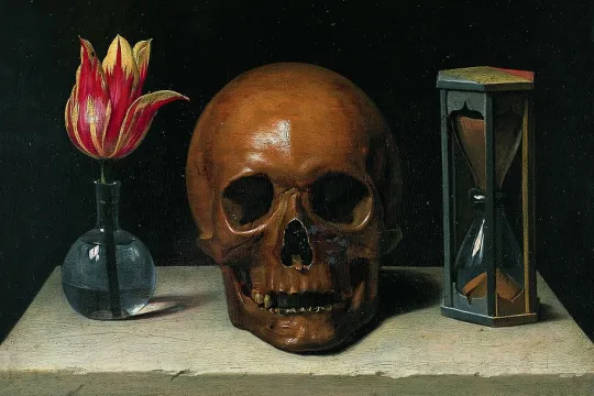 Kwiat, czaszka i klepsydra, odpowiadające kolejno życiu, śmierci oraz czasowi. Philippe de Champaigne, Vanitas (ok. 1671)