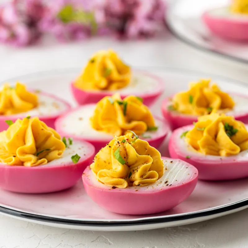 gevulde eitjes met roze buitenkant voor pasen