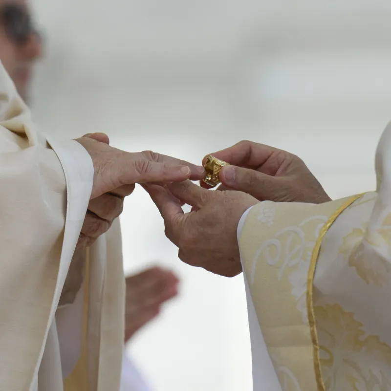 This photo taken and handout on May 18, 2025 by The Vatican Media shows Filipino cardinal Luis Antonio Gokim Tagle putting the Fisherman's Ring on a finger of Pope Leo XIV during a Holy mass for the beginning of his pontificate, in St Peter's square in The Vatican. Handout / VATICAN MEDIA / AFP
