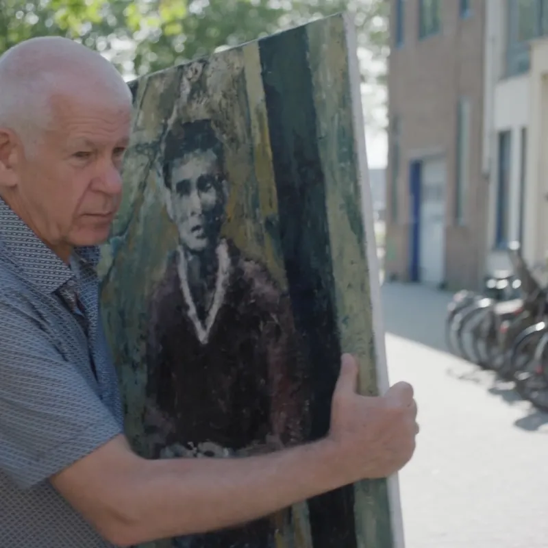 Koert in de documentaire Mijn broer met een schilderij van Bart
