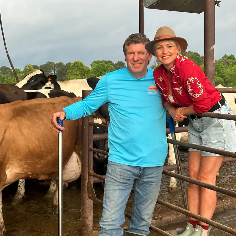 Een man en een vrouw met koeien