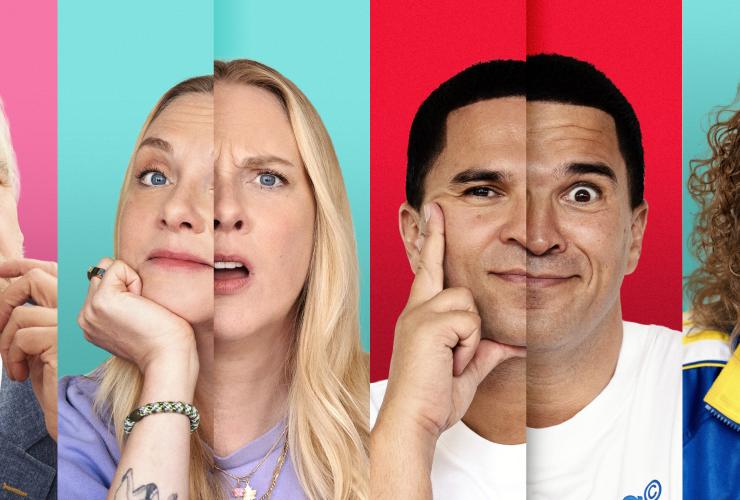 Vier gezichten in vier gekleurde vakken