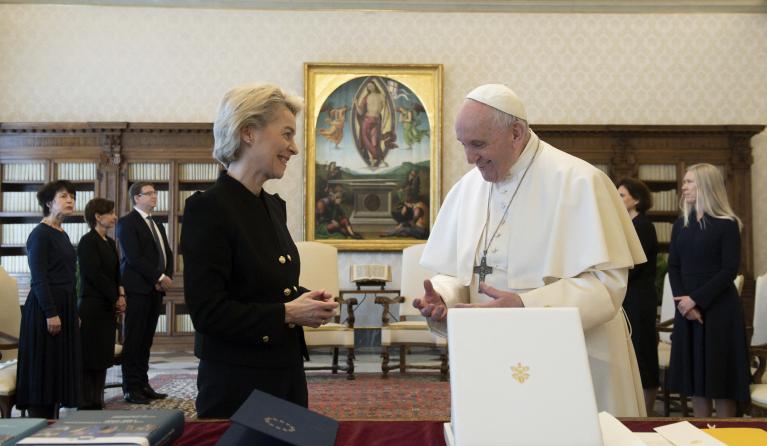 This photo taken and handout on May 22, 2021 by The Vatican Media shows Pope Francis holding a private audience with European Commission President, Ursula von der Leyen.  