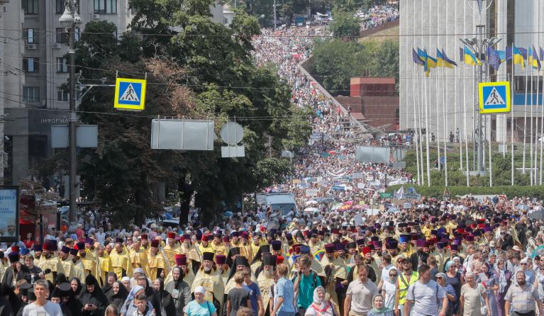 Ukrainian Orthodox priests, nuns and believers take part in religious procession after a prayer service in downtown Kiev, Ukraine, 27 July 2021. Orthodox believers mark the 1033rd anniversary of Kievan Rus Christianization on 27 and 28 July 2021. 