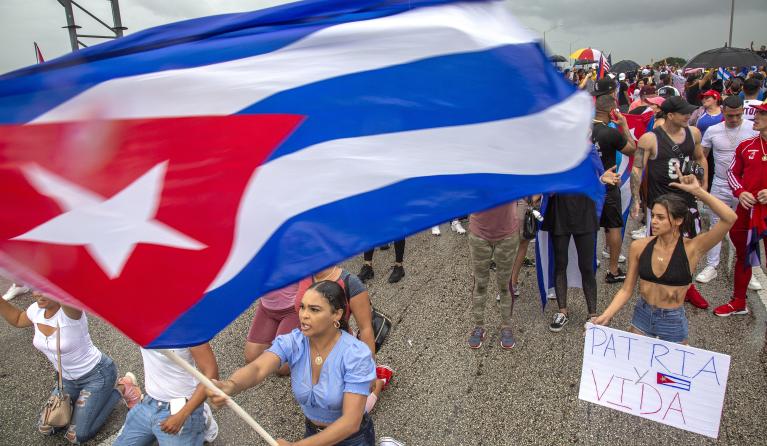 Cuban-Americans attend a demonstration to support the protesters in Cuba, blocking the Palmetto Expressway in Miami, Florida, USA, 13 July 2021. Thousands of Cubans took to the streets in Cuba on 11 July to demand the end of the communist dictatorship. 