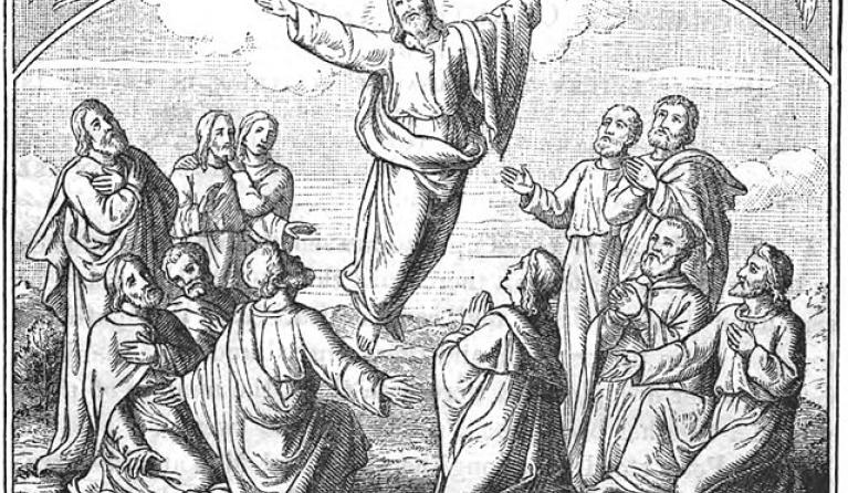 Tekening van Jezus die richting de hemel gaat