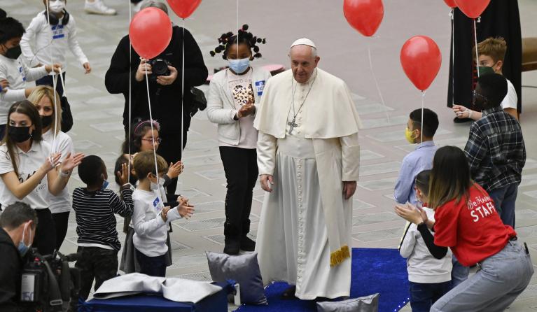Pope Francis during an audience to children cared for by the Santa Marta Dispensary, on December 19, 2021 at Paul-VI hall in The Vatican. 