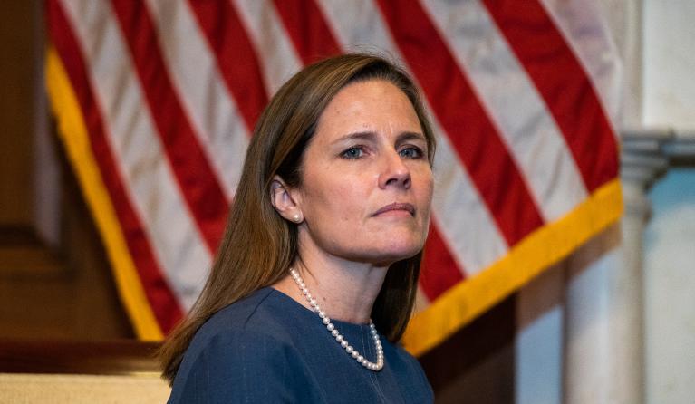 Judge Amy Coney Barrett, nominee for the US Supreme Court, meets with Senate Judiciary Committee Chairman Lindsey Graham (out of frame) (R-SC) in the Mansfield Room at the US Capitol in Washington, DC on September 29, 2020. Demetrius Freeman / The Washington Post / POOL / AFP