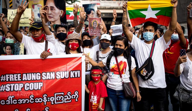 protest in Thailand tegen coupplegers Myanmar