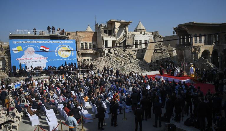 Pope Francis attends a prayer for the victims of the war at Church Square, Mosul, Iraq, 07 March 2021. Pope Francis began on 05 March a three-day official visit in Iraq, the first papal visit to this country affected throughout the years by war, insecurity and lately COVID-19 Coronavirus pandemic. The Pope is holding inter religious prayers at the Ur of the Chaldees ancient site, mass at important churches that were affected by conflict in Baghdad, Erbil and Qaraqosh near Mosul 