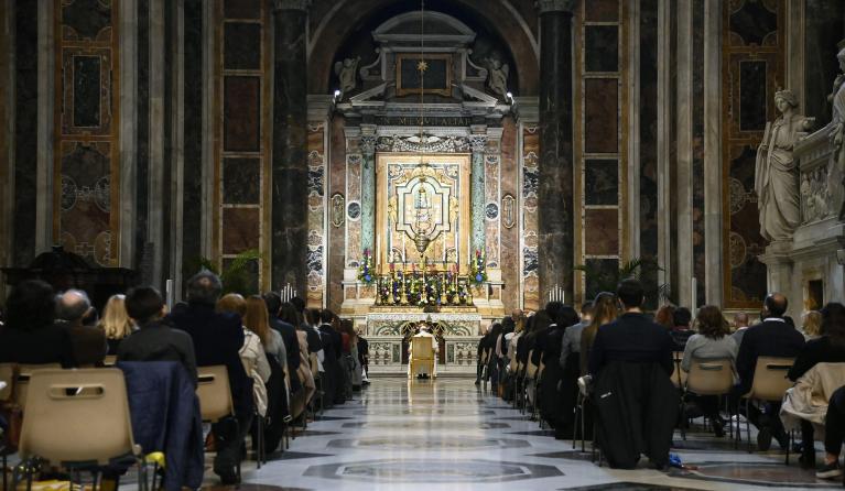 Pope Francis leads a rosary prayer for the beginning of the month of May, a month of daily rosaries prayed at Catholic shrines around the world for the end of coronavirus pandemic, in the Gregorian Chapel inside Saint Peter's Basilica, Vatican City, 01 May 2021. EPA/Riccardo Antimiani 