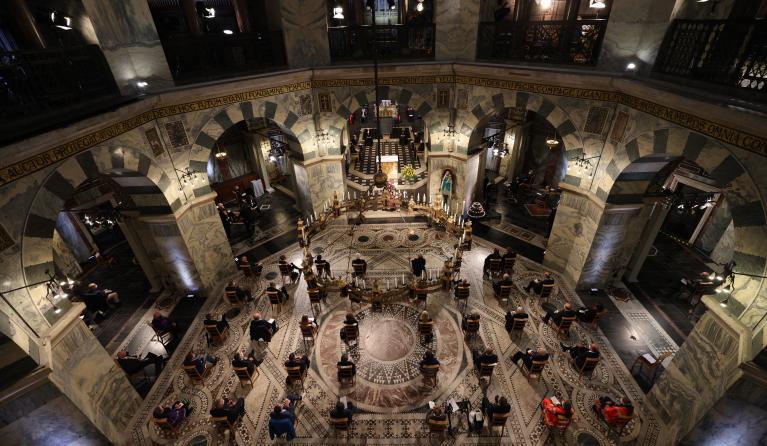  the ecumenical service and memorial ceremony for the victims of the flood disaster in western Germany, at the Cathedral in Aachen, western Germany, on August 28, 2021 Oliver Berg / POOL / AFP