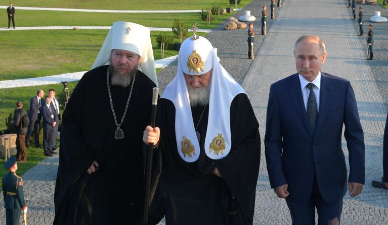 Pskov Region Governor Mikhail Vedernikov (2nd-R), Metropolitan Tikhon of Pskov and Porkhov (L), Russian President Vladimir Putin (C), his aide Vladimir Medinsky (R) and Patriarch Kirill of Moscow and All Russia (2nd-L) attend a ceremony to open the Prince Alexander Nevsky and His Guard memorial site on the shore of Lake Peipsi (Chudskoye), at the supposed location of the 1242 Battle on the Ice, to mark Nevsky's 800th birthday, in the Pskov region, Russia, 11 September 2021. EPA/ALEXEI DRUZHININ / SPUTNIK 