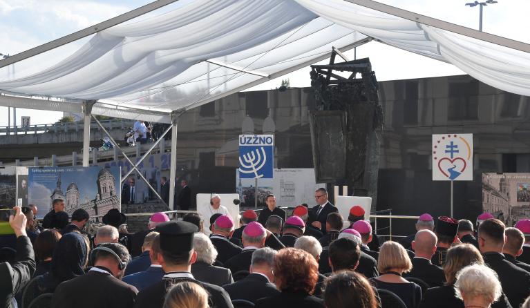 Pope Francis meets the Jewish community at the Rybne namestie square in Bratislava, Slovakia, on September 13, 2021. The Pope is on a four-day visit in Slovakia, where he will meet with Holocaust survivors and members of the Roma community. 