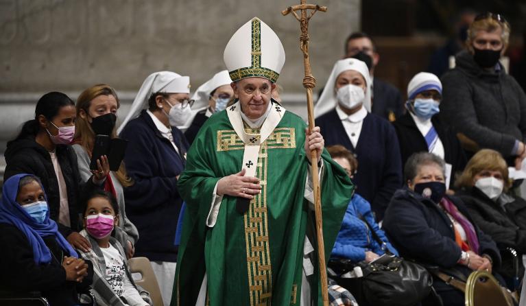 Pope Francis celebrates a mass in Saint Peter's Basilica marking the Roman Catholic Church's World Day of the Poor, Vatican City, 14 November 2021. 